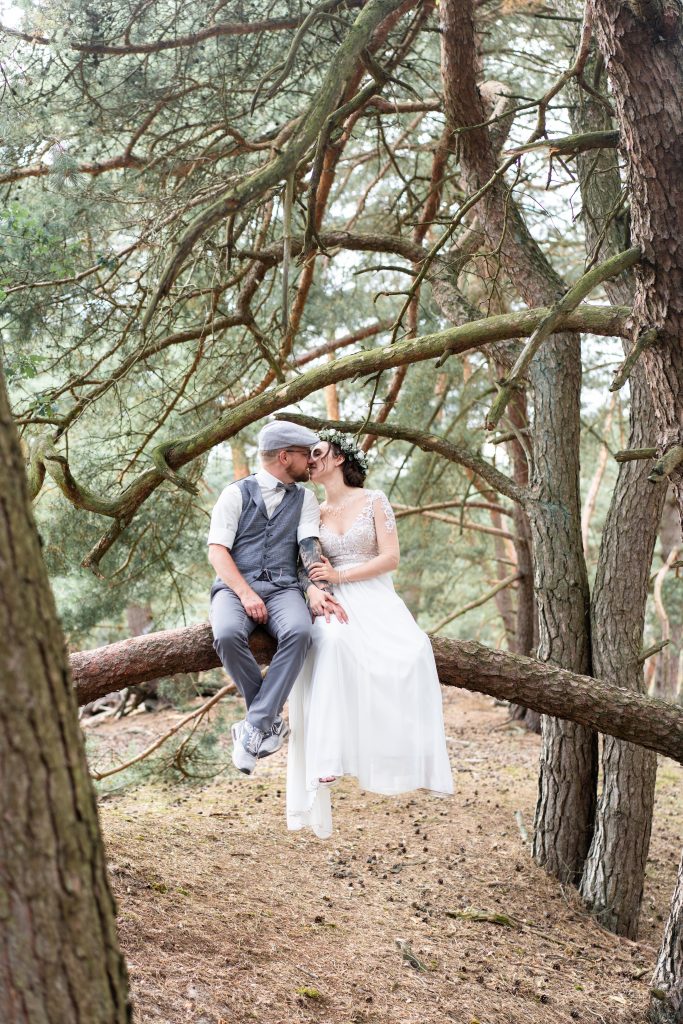 Brautpaar auf dem Baum sitzend Bohoshooting Hochzeitsfotos